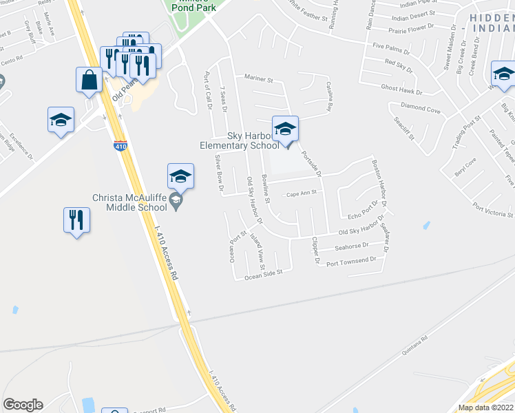 map of restaurants, bars, coffee shops, grocery stores, and more near 8990 Old Sky Harbor Drive in San Antonio