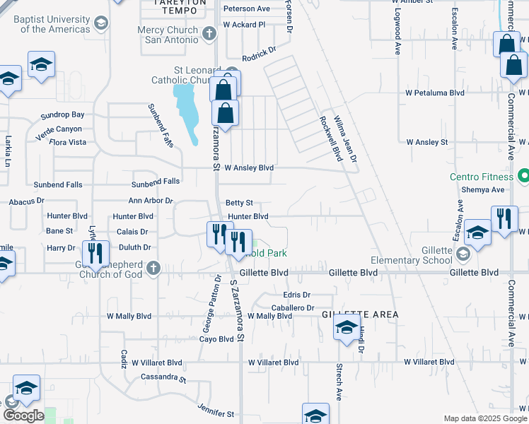 map of restaurants, bars, coffee shops, grocery stores, and more near 1400 Betty Street in San Antonio