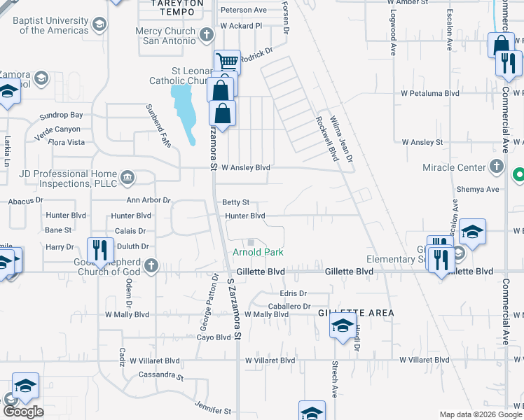 map of restaurants, bars, coffee shops, grocery stores, and more near 1400 Betty Street in San Antonio