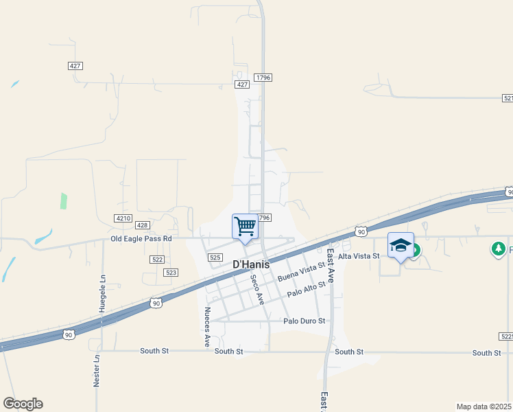 map of restaurants, bars, coffee shops, grocery stores, and more near 355 Farm to Market Road 1796 in Hondo