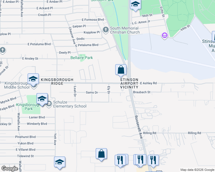 map of restaurants, bars, coffee shops, grocery stores, and more near 1006 East Ashley Road in San Antonio