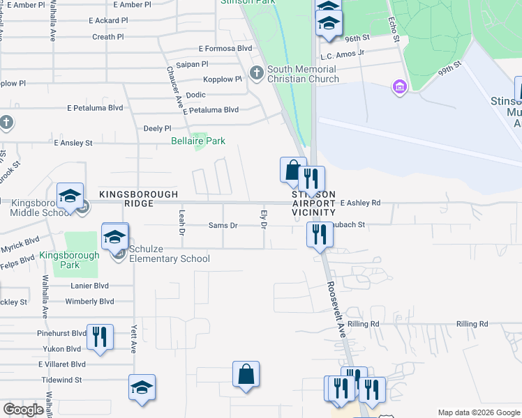 map of restaurants, bars, coffee shops, grocery stores, and more near 1006 East Ashley Road in San Antonio