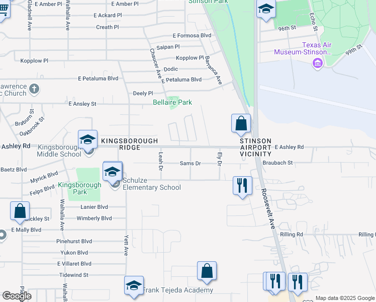 map of restaurants, bars, coffee shops, grocery stores, and more near 758 East Ashley Road in San Antonio