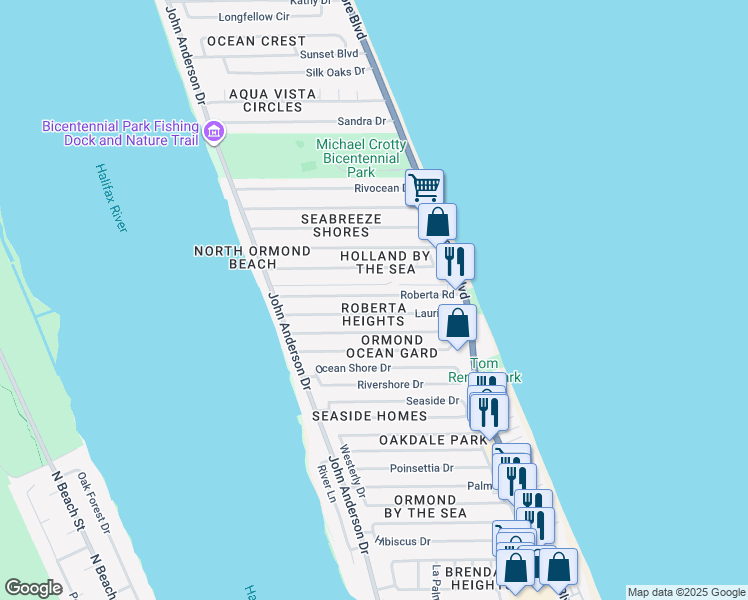 map of restaurants, bars, coffee shops, grocery stores, and more near 135 Roberta Road in Ormond Beach