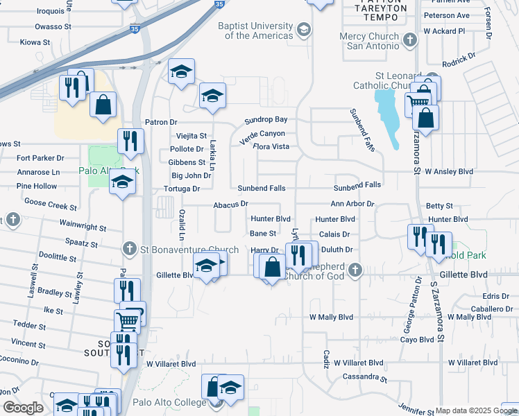 map of restaurants, bars, coffee shops, grocery stores, and more near 2130 Abacus Drive in San Antonio