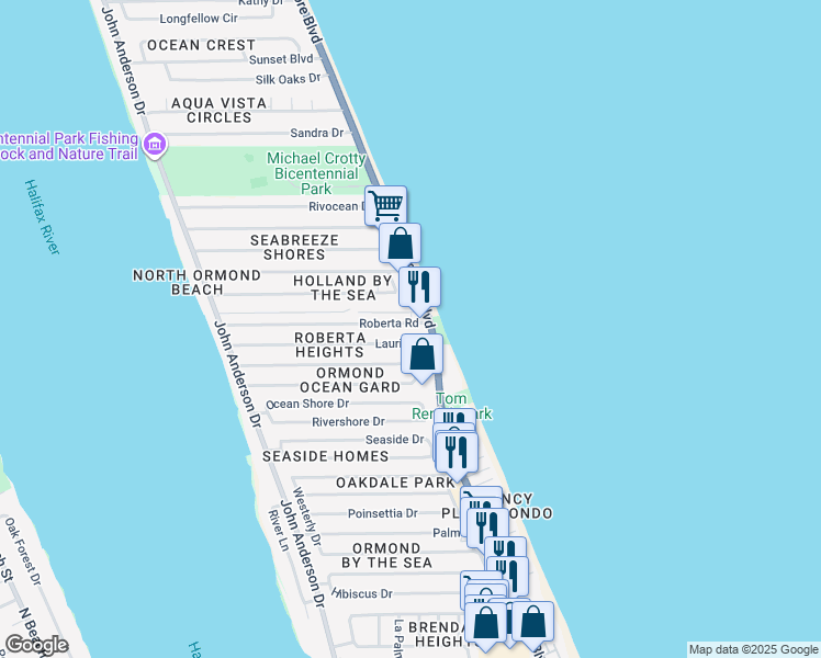 map of restaurants, bars, coffee shops, grocery stores, and more near 102 Roberta Road in Ormond Beach