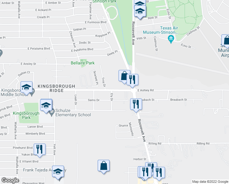map of restaurants, bars, coffee shops, grocery stores, and more near 1006 East Ashley Road in San Antonio