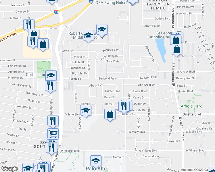 map of restaurants, bars, coffee shops, grocery stores, and more near 2130 Abacus Drive in San Antonio