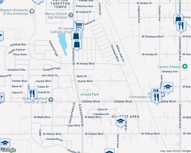 map of restaurants, bars, coffee shops, grocery stores, and more near 1400 Betty Street in San Antonio