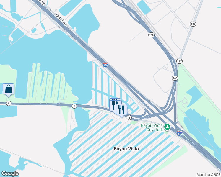 map of restaurants, bars, coffee shops, grocery stores, and more near 10 North Sandpiper Street in La Marque