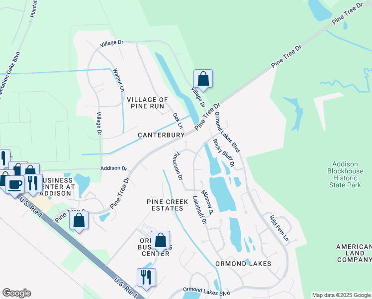 map of restaurants, bars, coffee shops, grocery stores, and more near 108 Timucuan Drive in Ormond Beach