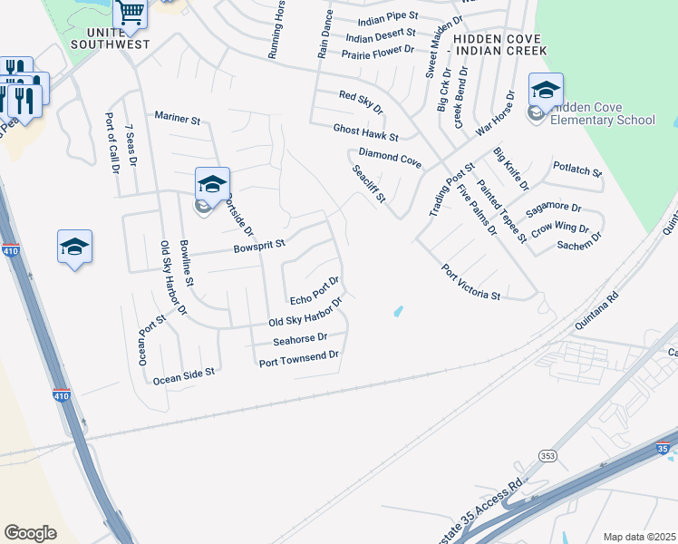 map of restaurants, bars, coffee shops, grocery stores, and more near 9262 Echo Port Drive in San Antonio