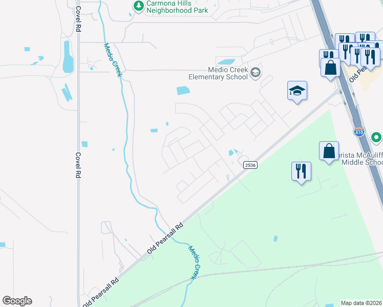 map of restaurants, bars, coffee shops, grocery stores, and more near Pvt Road in San Antonio