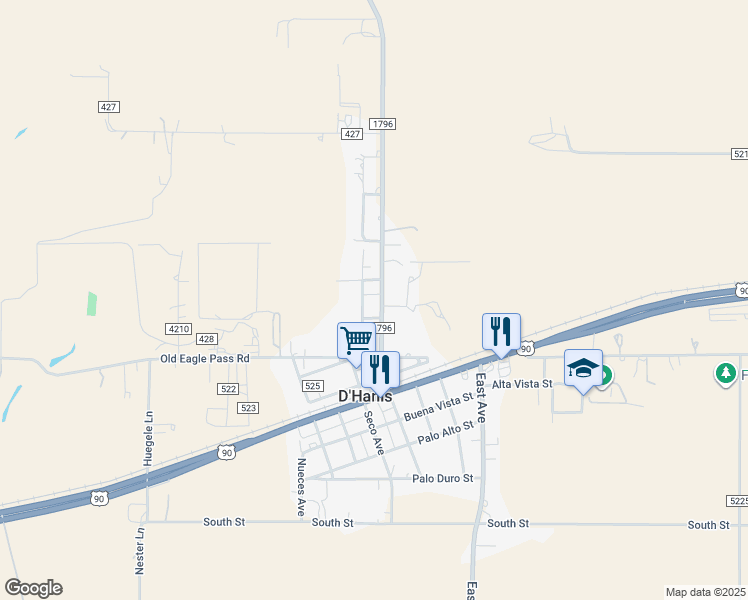map of restaurants, bars, coffee shops, grocery stores, and more near 355 Farm to Market Road 1796 in Hondo