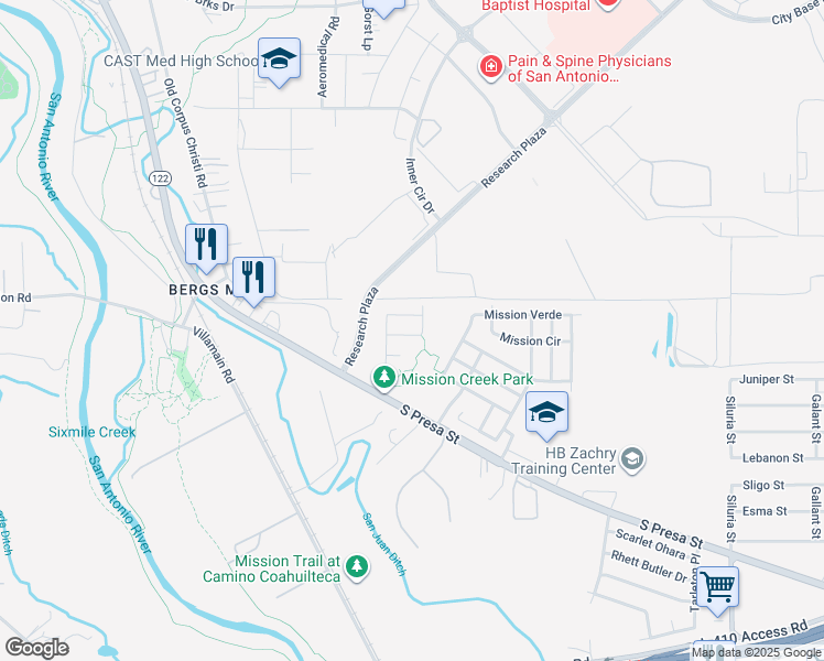 map of restaurants, bars, coffee shops, grocery stores, and more near 2035 Mission Field in San Antonio