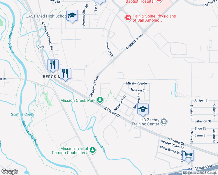 map of restaurants, bars, coffee shops, grocery stores, and more near 2035 Mission Field in San Antonio