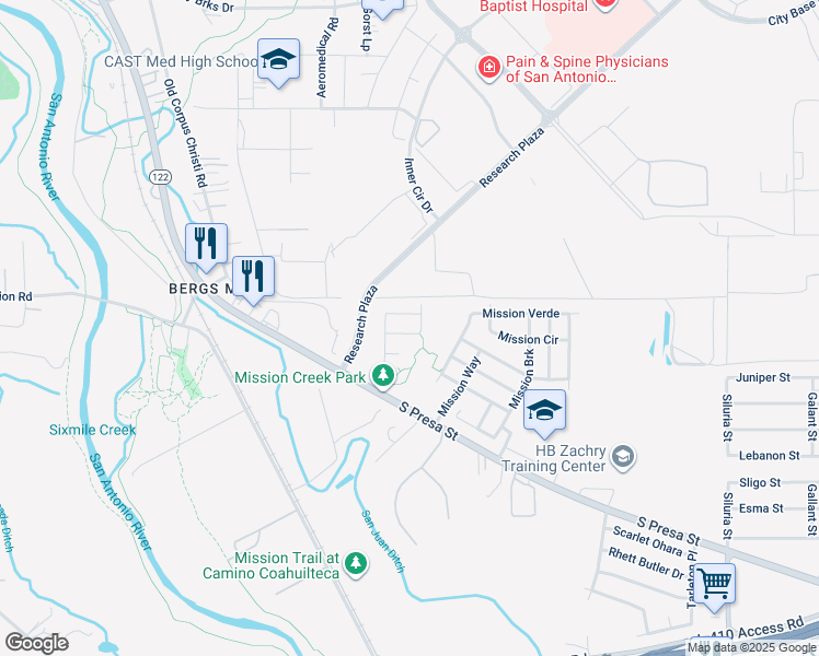 map of restaurants, bars, coffee shops, grocery stores, and more near 2035 Mission Field in San Antonio
