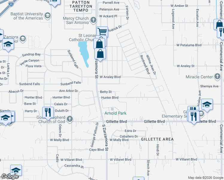 map of restaurants, bars, coffee shops, grocery stores, and more near 1507 Betty Street in San Antonio