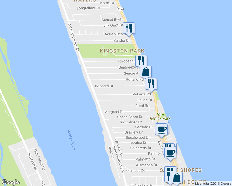 map of restaurants, bars, coffee shops, grocery stores, and more near 151 Roberta Road in Ormond Beach