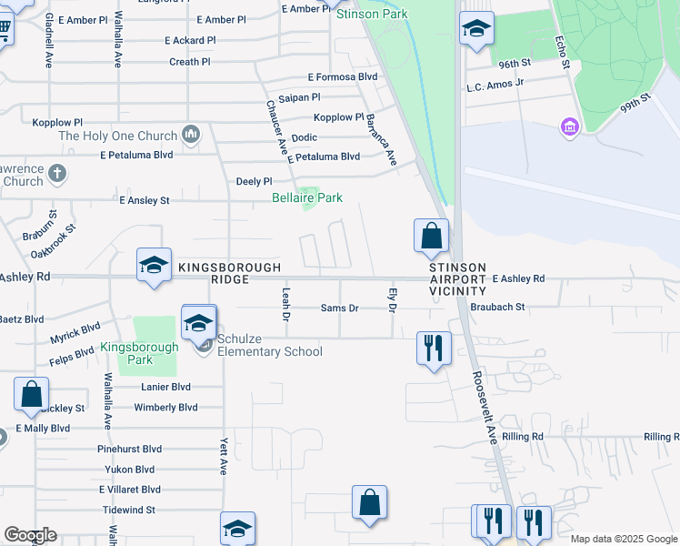 map of restaurants, bars, coffee shops, grocery stores, and more near 758 East Ashley Road in San Antonio