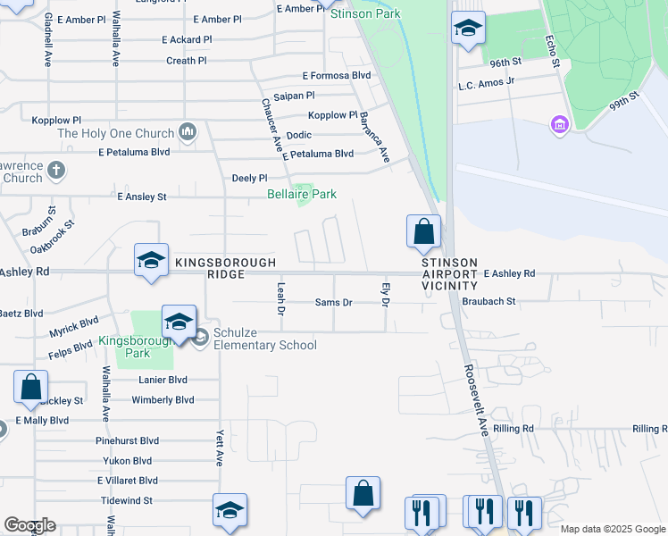 map of restaurants, bars, coffee shops, grocery stores, and more near 758 East Ashley Road in San Antonio