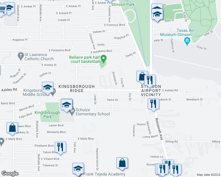 map of restaurants, bars, coffee shops, grocery stores, and more near 814 Robillard Lane in San Antonio
