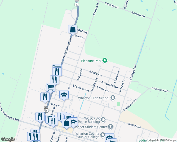 map of restaurants, bars, coffee shops, grocery stores, and more near 300 East Emily Avenue in Wharton