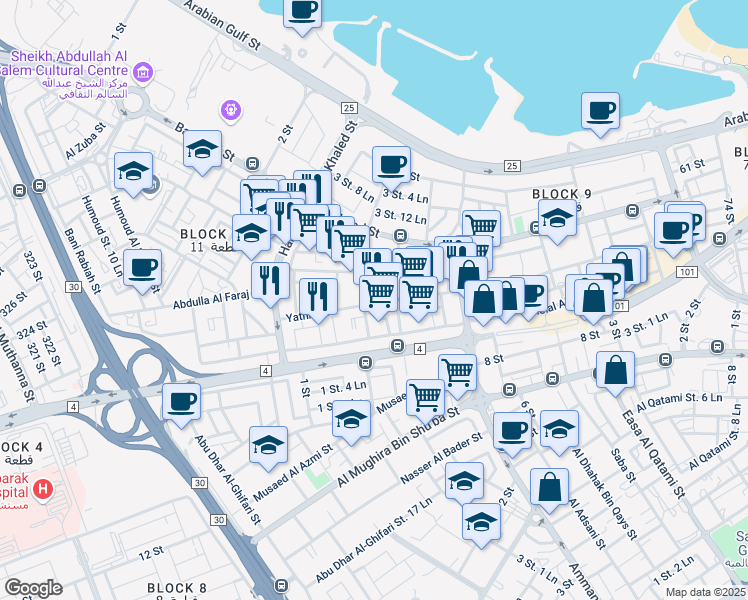 map of restaurants, bars, coffee shops, grocery stores, and more near 21 Abdulla Al Fadalah Street in Salmiya
