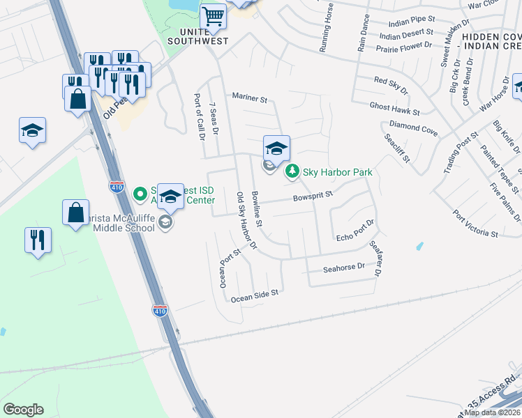 map of restaurants, bars, coffee shops, grocery stores, and more near 9015 Bowline Street in San Antonio
