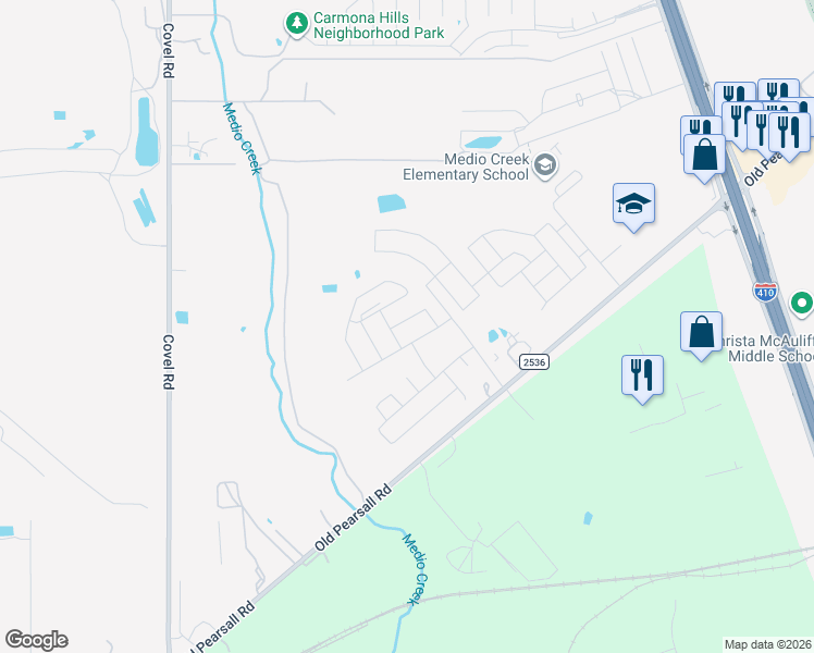 map of restaurants, bars, coffee shops, grocery stores, and more near Pvt Road in San Antonio