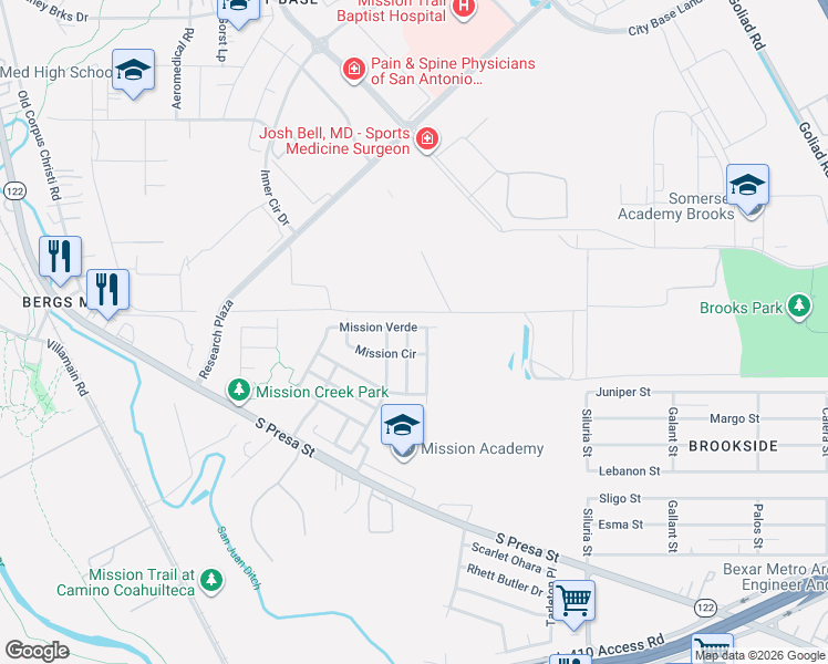 map of restaurants, bars, coffee shops, grocery stores, and more near 8818 Mission Top in San Antonio