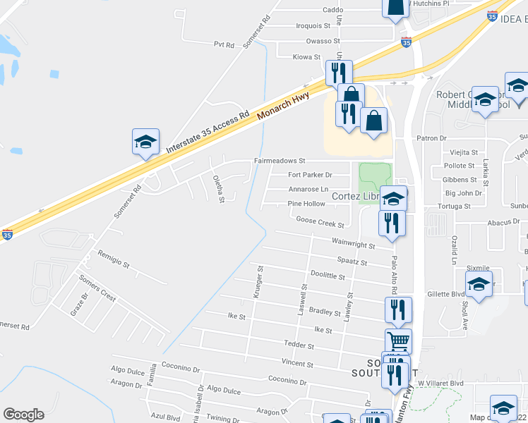 map of restaurants, bars, coffee shops, grocery stores, and more near 8830 Hunters Creek Street in San Antonio