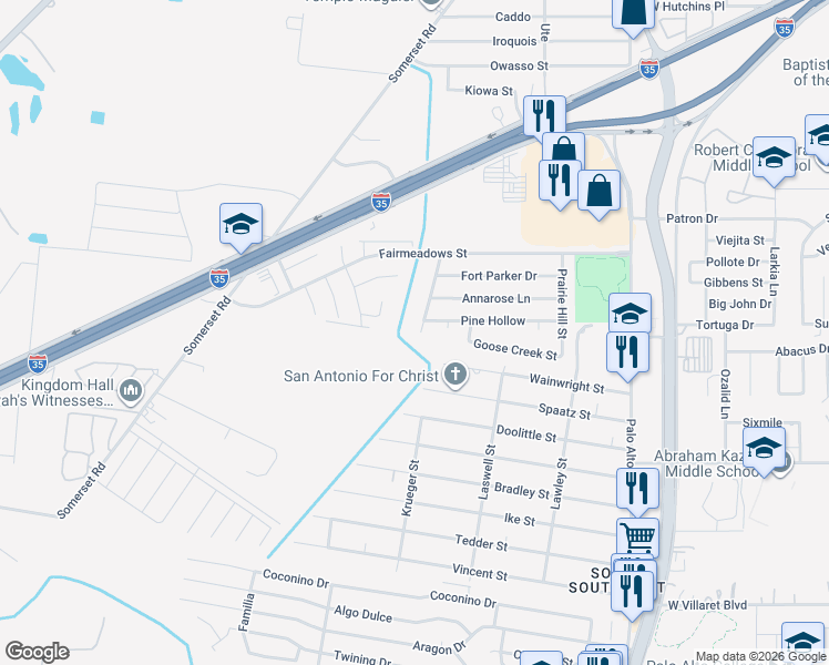 map of restaurants, bars, coffee shops, grocery stores, and more near 8830 Hunters Creek Street in San Antonio
