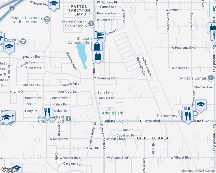 map of restaurants, bars, coffee shops, grocery stores, and more near 1507 Betty Street in San Antonio