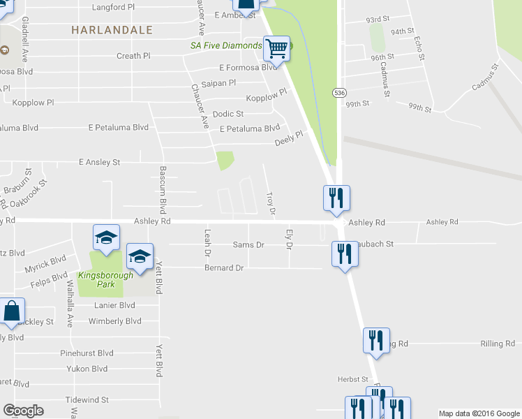map of restaurants, bars, coffee shops, grocery stores, and more near 8926 Scarlett Place in San Antonio