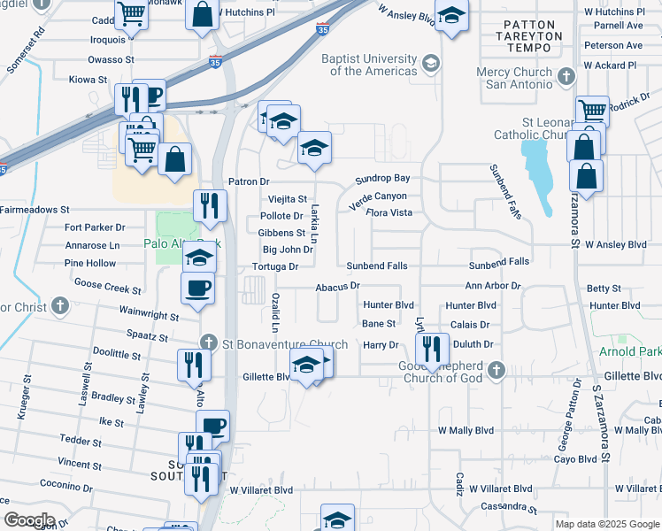 map of restaurants, bars, coffee shops, grocery stores, and more near 2518 Sundrop Bay in San Antonio