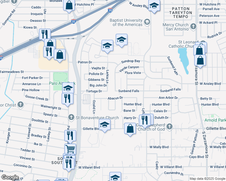 map of restaurants, bars, coffee shops, grocery stores, and more near 2518 Sundrop Bay in San Antonio