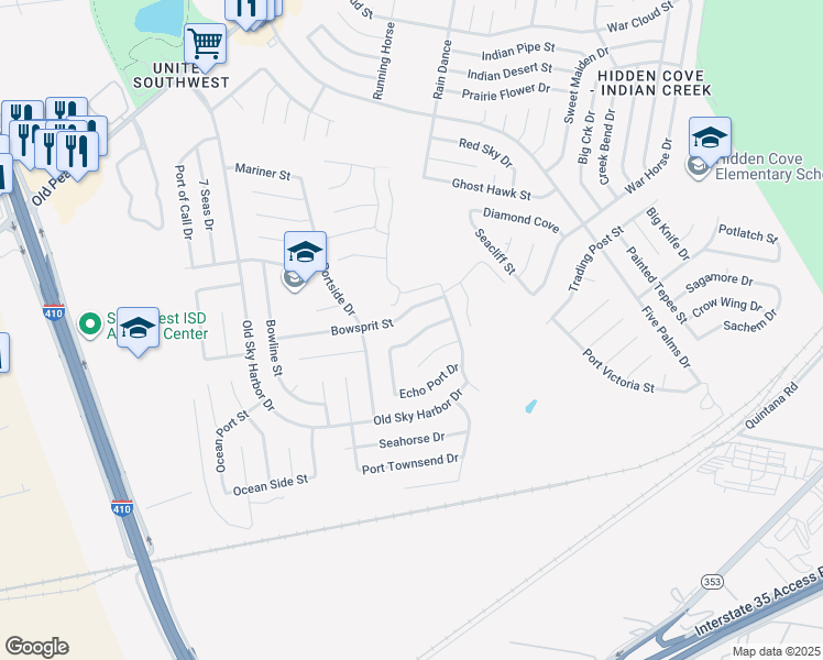 map of restaurants, bars, coffee shops, grocery stores, and more near 5830 Bowsprit Street in San Antonio
