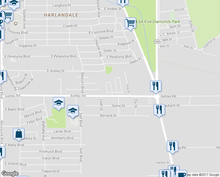 map of restaurants, bars, coffee shops, grocery stores, and more near 8923 Bonnie Butler in San Antonio