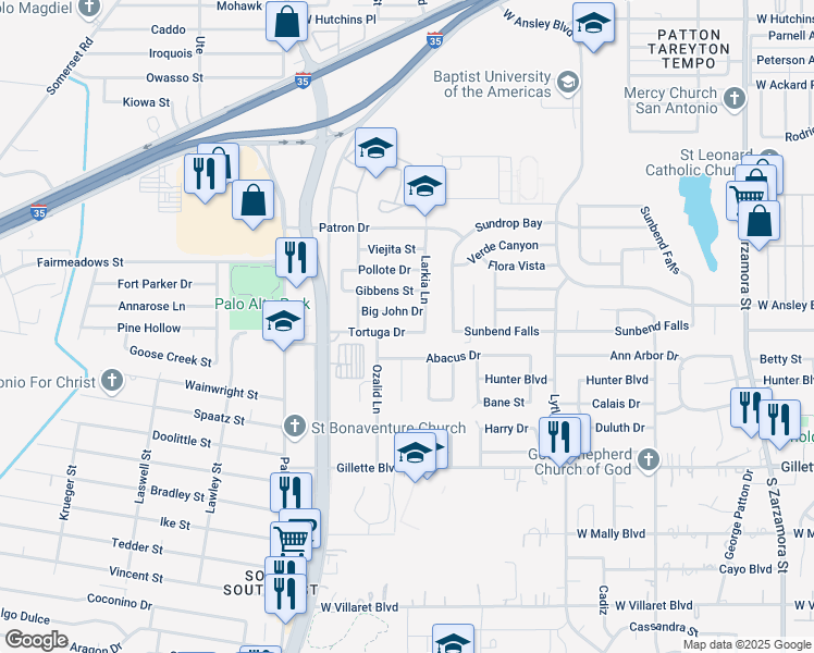map of restaurants, bars, coffee shops, grocery stores, and more near 2506 Big John Drive in San Antonio