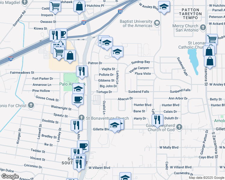 map of restaurants, bars, coffee shops, grocery stores, and more near 2506 Big John Drive in San Antonio