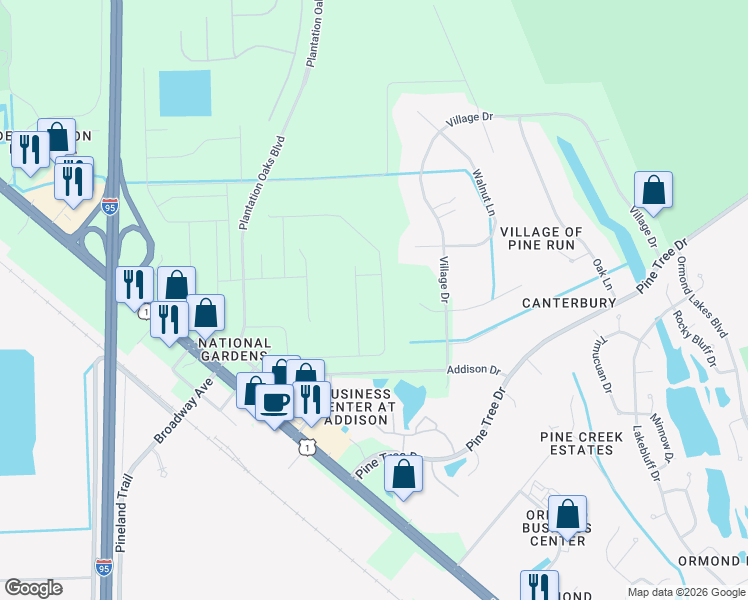 map of restaurants, bars, coffee shops, grocery stores, and more near 461 Brookhaven Trail in Ormond Beach