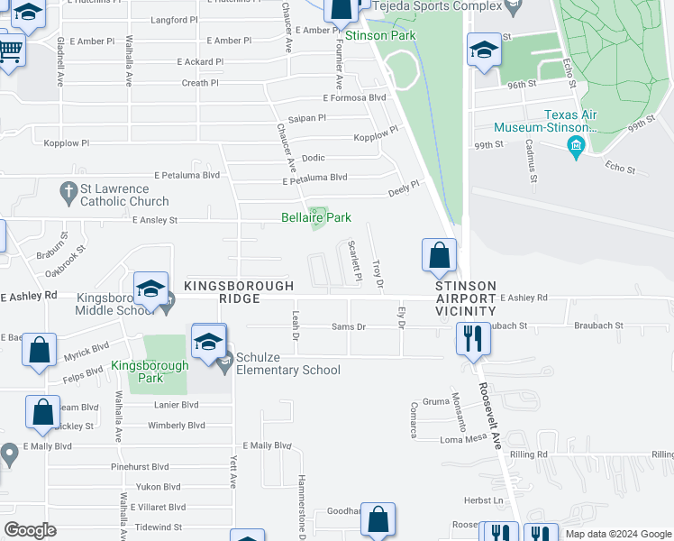 map of restaurants, bars, coffee shops, grocery stores, and more near 8935 Ashley Wilkes in San Antonio