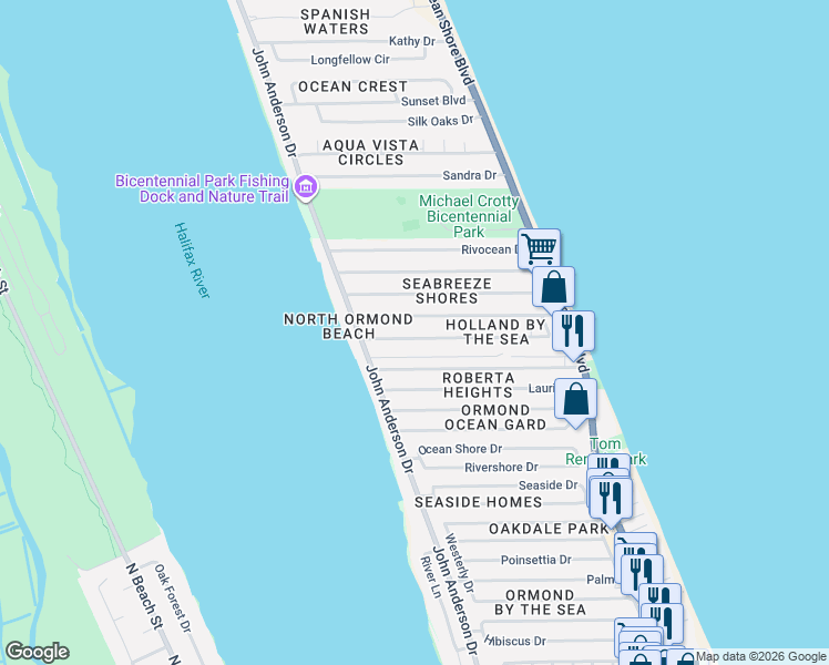 map of restaurants, bars, coffee shops, grocery stores, and more near 159 Holland Road in Ormond Beach
