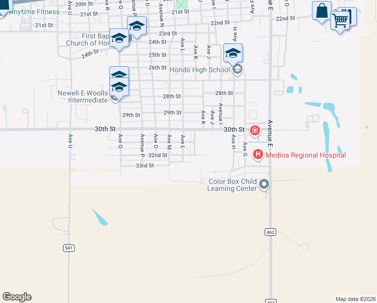 map of restaurants, bars, coffee shops, grocery stores, and more near 1151 31st Street in Hondo