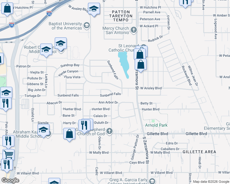 map of restaurants, bars, coffee shops, grocery stores, and more near 1703 Sunbend Falls in San Antonio