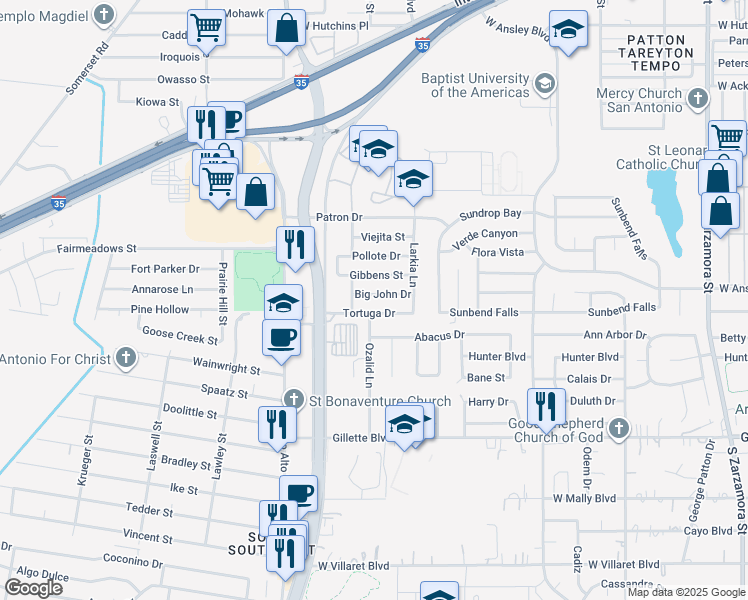 map of restaurants, bars, coffee shops, grocery stores, and more near 2606 Big John Drive in San Antonio