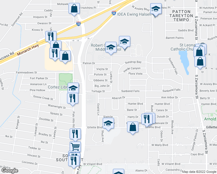 map of restaurants, bars, coffee shops, grocery stores, and more near 2506 Big John Drive in San Antonio