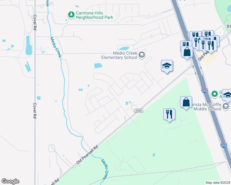 map of restaurants, bars, coffee shops, grocery stores, and more near 6861 Old Pearsall Road in San Antonio
