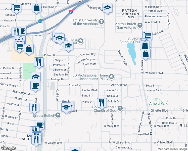 map of restaurants, bars, coffee shops, grocery stores, and more near 2118 Sunbird Pass in San Antonio